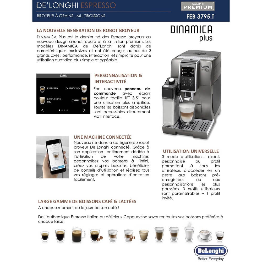 Machine à café avec broyeur Delonghi Dinamica Plus FEB 3795.T, en vente chez Escocafé Paris